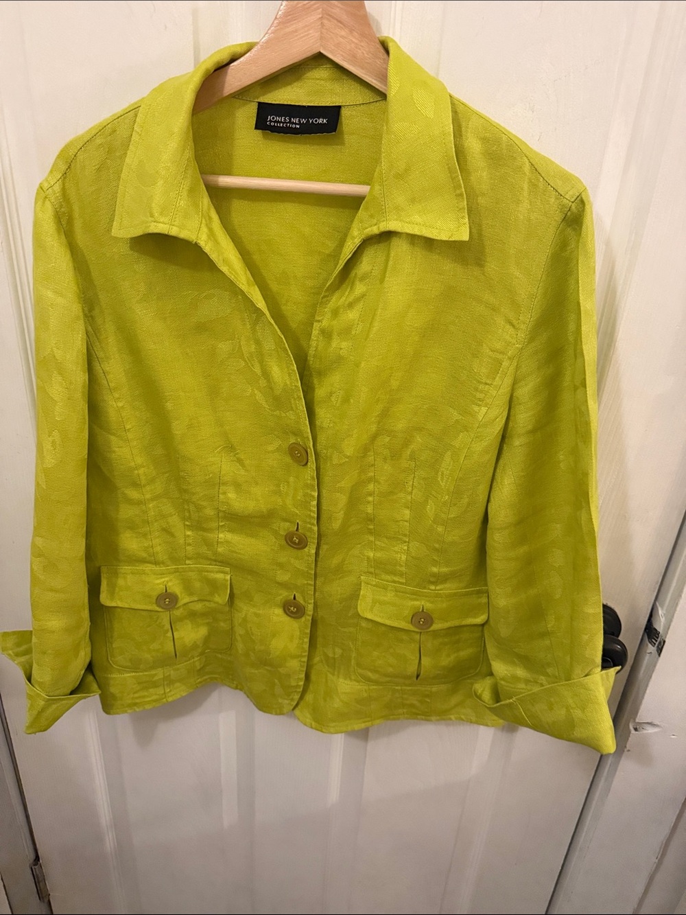 Jones New York Bright Lime Green Linen-Blend Button Front Jacket, large